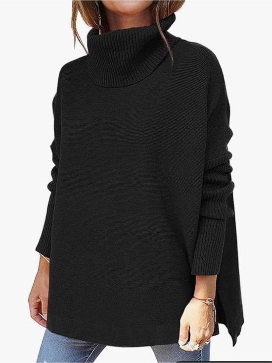 Illusory Sweaters - Women's Black Turtleneck Oversized Knit Tunic Sweater